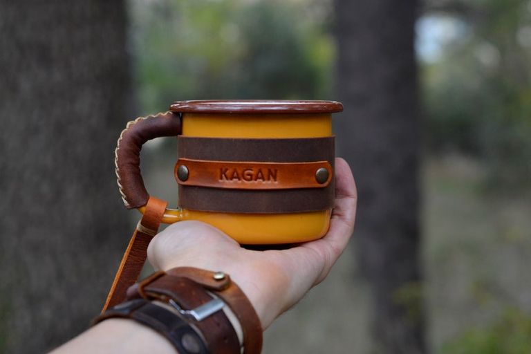 Personalized Leather Enamel Mug for Camping 
